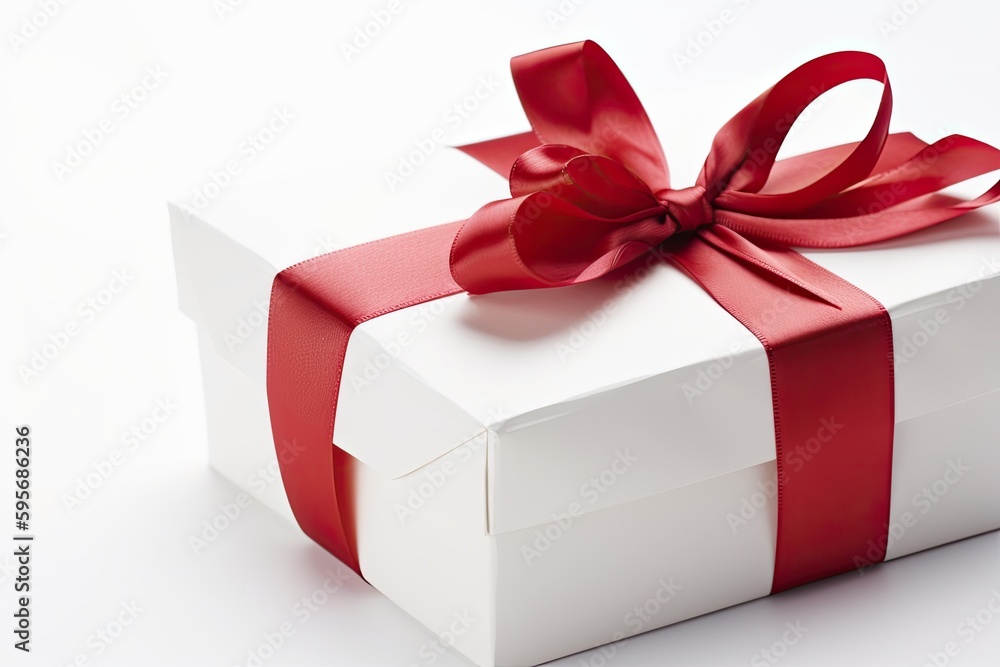 white gift box with a red ribbon on a neutral background. Generative AI white gift box with a red ribbon on a neutral background. Generative AI