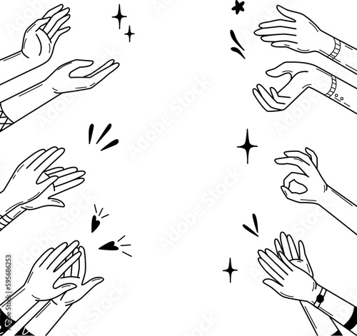 Doodle hands applause, fans or audience clapping. Abstract happy support, victory or winner vector background