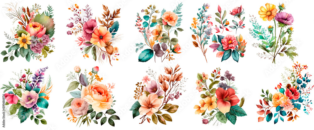 Set of floral watercolor arrangements for greeting card, invitation design, paper craft, scrapbooking, junk journal, Generative AI  - obrazy, fototapety, plakaty 
