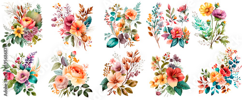Set of floral watercolor arrangements for greeting card, invitation design, paper craft, scrapbooking, junk journal, Generative AI 