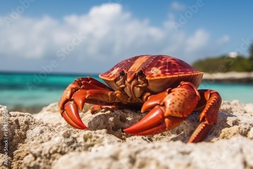 close-up view of a crab on a sandy beach. Generative AI