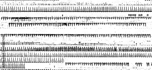 Monochrome texture composed of irregular graphic elements. Distressed uneven grunge background. Abstract vector illustration. Overlay for interesting effect and depth. Isolated on white background.