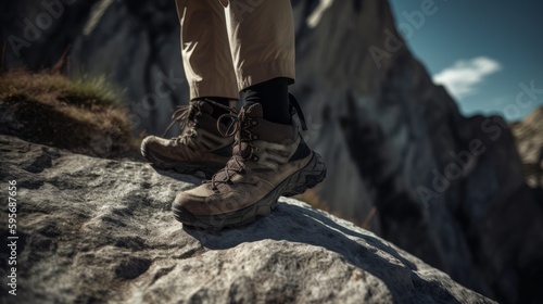 A Close-Up View of a Hiker's Boots at the Mountain Top. Generative AI.