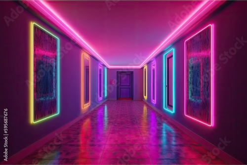 futuristic hallway with neon lights and mirrors. Generative AI