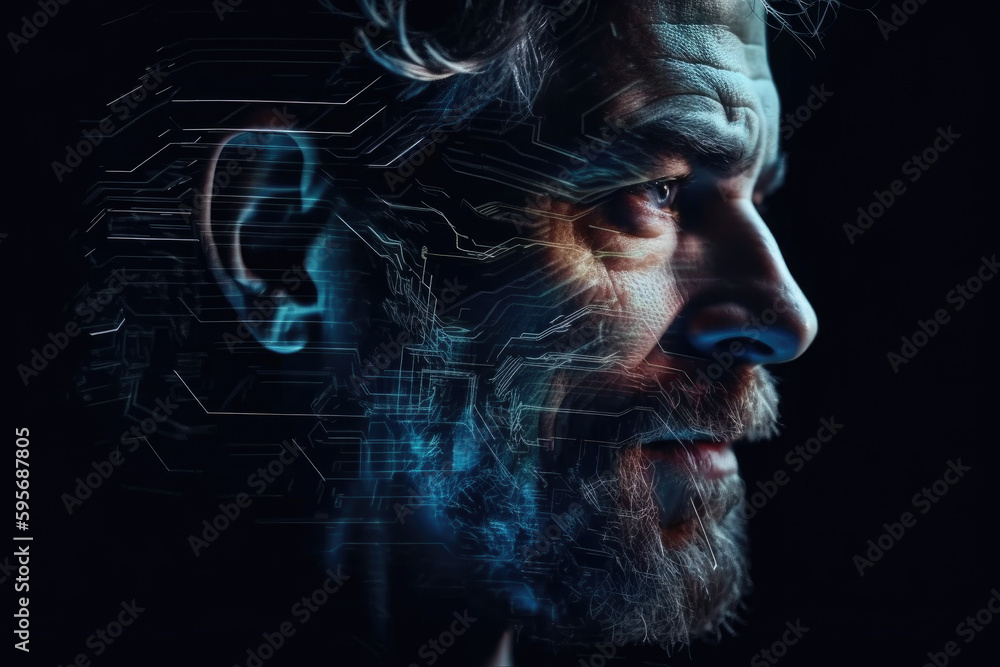 Futuristic potrait of man with glowing technology lines, created with Generative AI.