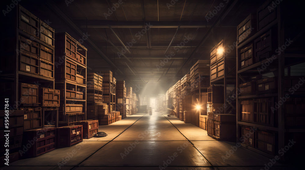 A spacious and tidy storage facility containing shelves, cardboard containers, and merchandise. Generative AI