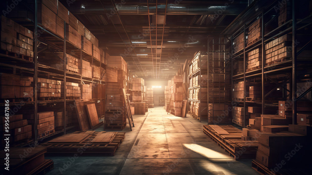 A spacious and tidy storage facility containing shelves, cardboard containers, and merchandise. Generative AI A spacious and tidy storage facility containing shelves, cardboard containers, and merchandise. Generative AI