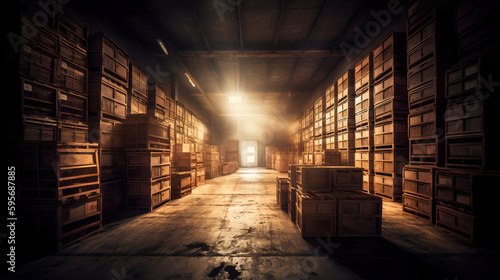 A spacious and tidy storage facility containing shelves, cardboard containers, and merchandise. Generative AI