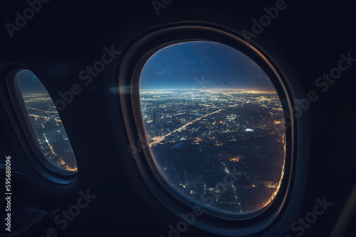 View of the night city from the airplane window. Night cityscape. Travel and tourism concept. Generative AI