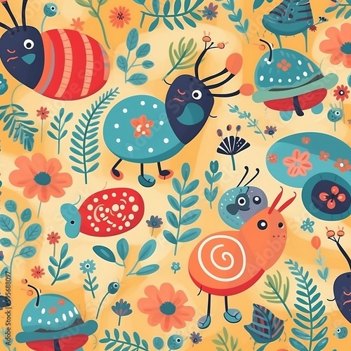 Seamless childish pattern with cute ladybug, butterfly, flowers, snail and caterpillar. Creative kids texture, generative AI