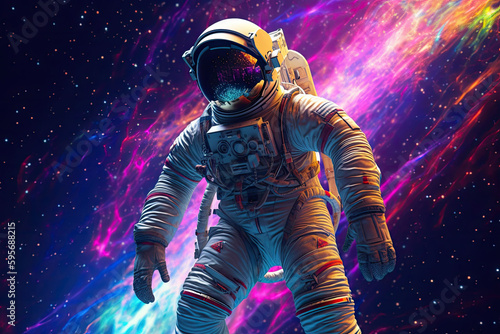 Astronaut do spacewalk in outer space . Spaceman float in space. Bright background. Generative AI