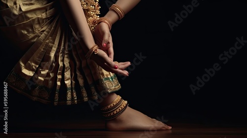 A women perfom the Bharatanatya Indian dance in tradtional clothing. Generative AI