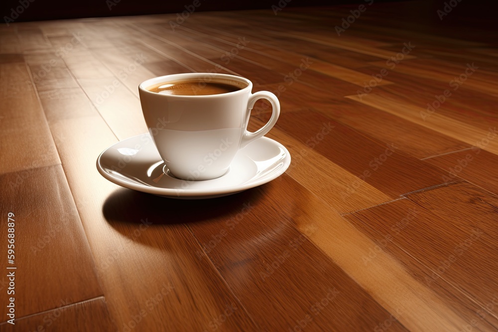 steaming cup of coffee on a saucer with a spoon. Generative AI steaming cup of coffee on a saucer with a spoon. Generative AI