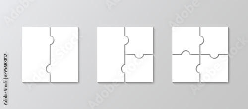 Puzzle pieces set with 2, 3, 4 elements. Jigsaw outline grid. Layout of thinking mosaic game. Modern background. Laser cut template with separate details. Vector illustration. Infographic template.