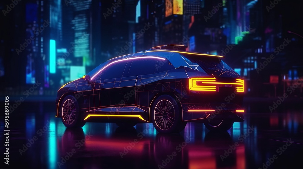 Neon glowing car in black background. AI generated