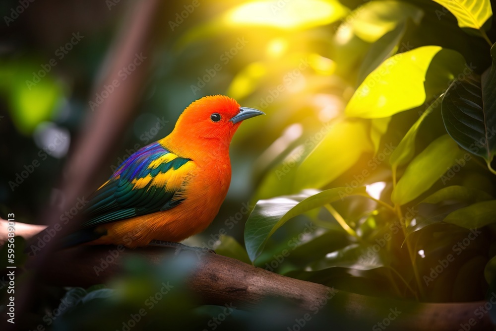illustration, exotic bird in a tropical garden, ai generative