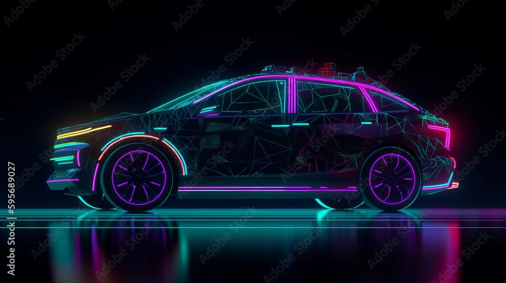 Neon glowing car in black background. AI generated Neon glowing car in black background. AI generated