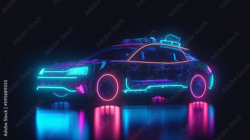 Neon glowing car in black background. AI generated