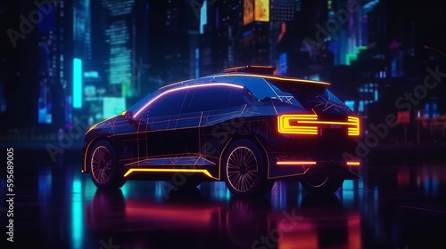 Neon glowing car in black background. AI generated © ArtStage