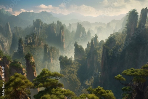 Incredible AI-generated illustration of Zhangjiajie National Park's breathtaking scenery in China. Generative AI