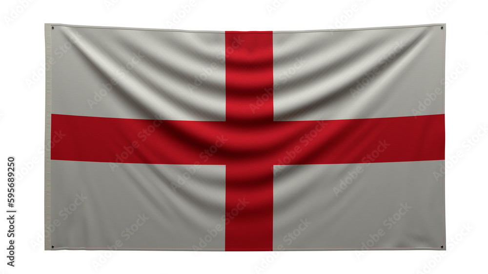 Fototapeta premium Textured flag. The flag of England hangs on the wall. Texture of dense fabric. The flag is pinned to the wall. English flag on a transparent background. 3D render