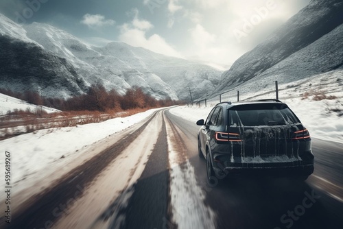 High-end vehicle driving on snow-covered road with snowy mountains in the background. Tires gripping icy highway. Generative AI