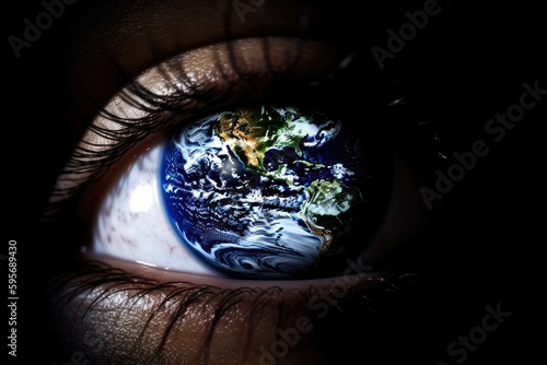 human eye reflecting the image of planet Earth. Generative AI