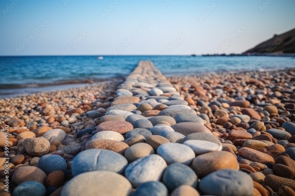 serene rocky beach with a view of the ocean. Generative AI