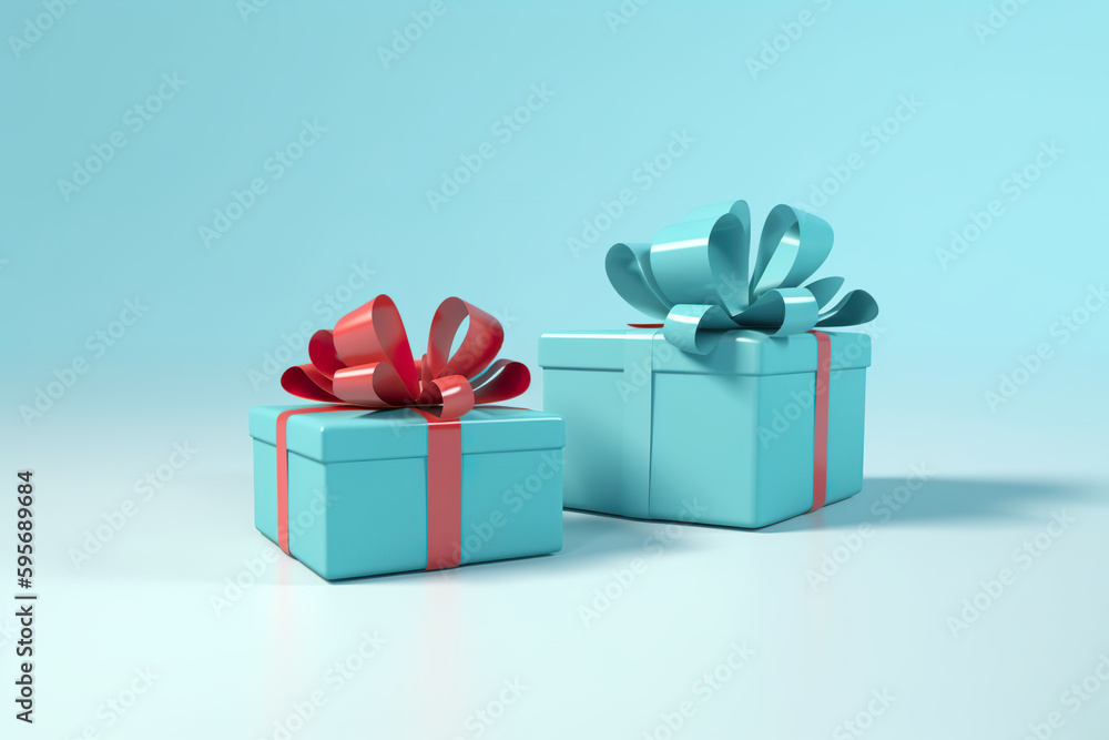 Obraz premium Two Christmas gift boxes with red ribbons and bows. AI generative.