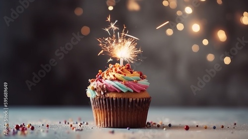 Delicious birthday cupcake on table on light background. Al generated