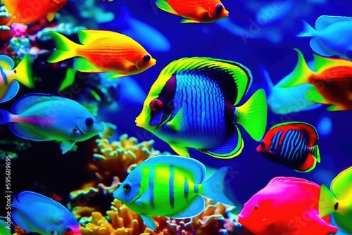 vibrant school of fish swimming in an aquarium. Generative AI