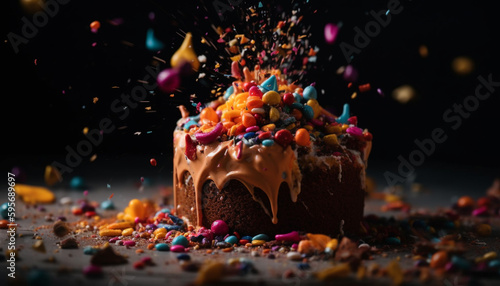 Birthday Cake Smash: Explosive, Colorful, Chaotic, and Joyful Close-Up Shot with Flying Sprinkles and Dramatic Lighting - Generative AI