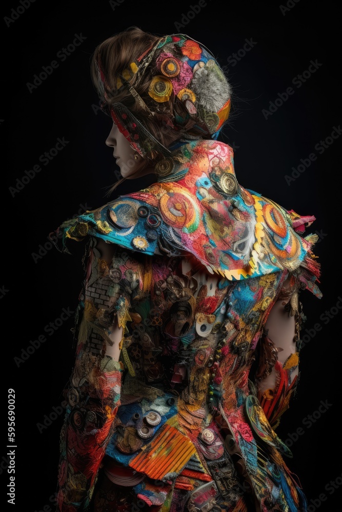 Model wearing an avant-garde outfit made of unconventional materials. Isolated background. Generative AI