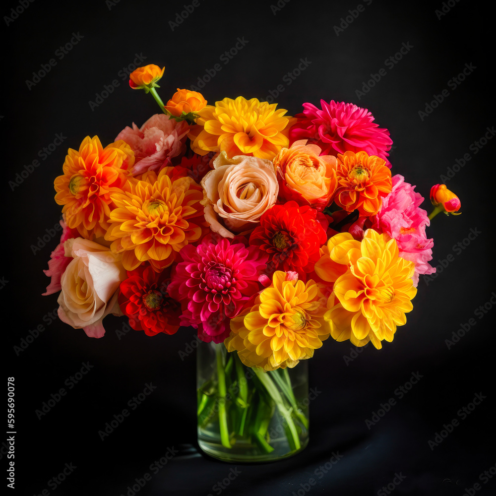 Obraz premium bouquet of yellow orange red happy ranunculus on a black background, for wedding, bridal bouquet, festive , gift, for birthday, concept, for florists, designers, interior, congratulations, gift