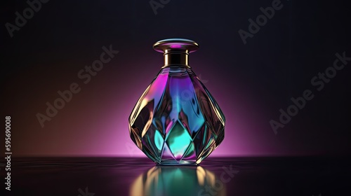 A minimalist and modern perfume bottle design. Bright purple background. Generative AI photo