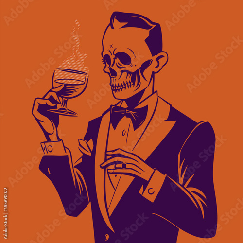 retro cartoon guy with skull head drinking cocktail