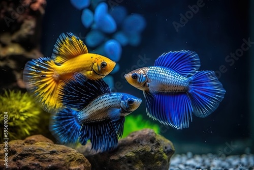 Illustration of two fish swimming in a colorful aquarium. Generative AI