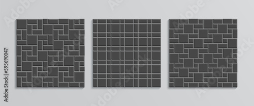 Slab pavement seamless patterns set. Seamless street textures. Paver tiles collection. Paved floor. Decorative cobblestone print. Mosaic sidewalk. Garden footpath top view. Vector illustration.