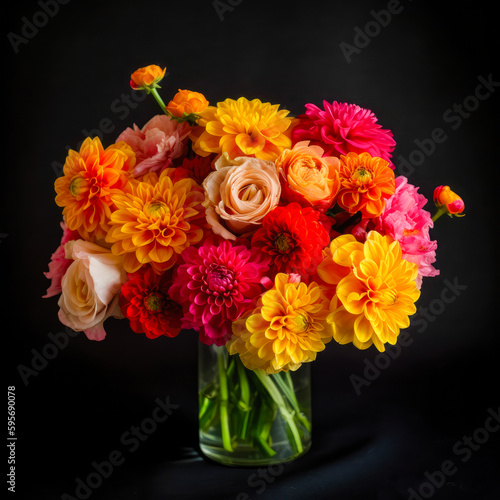 bouquet of yellow orange red happy ranunculus on a black background, for wedding, bridal bouquet, festive , gift, for birthday, concept, for florists, designers, interior, congratulations, gift