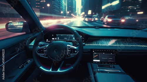 An interior of a futuristic car that drives itself. Generative AI