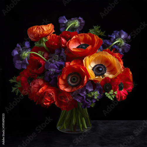 happy colorful bouquet of purple, orange ranunculus on black background, for wedding, bridal bouquet, festive , gift, for birthday, concept, florists, designers, interior, congratulations, gift