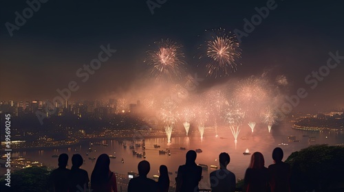 Fireworks in the city over the city skyline with a crowd looking. Generative AI