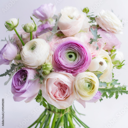 bouquet of pink,purple, lilac ranunculus on a white, light background, for wedding, bridal bouquet, festive , gift, for birthday, concept, for florists, designers, interior, congratulations, gift