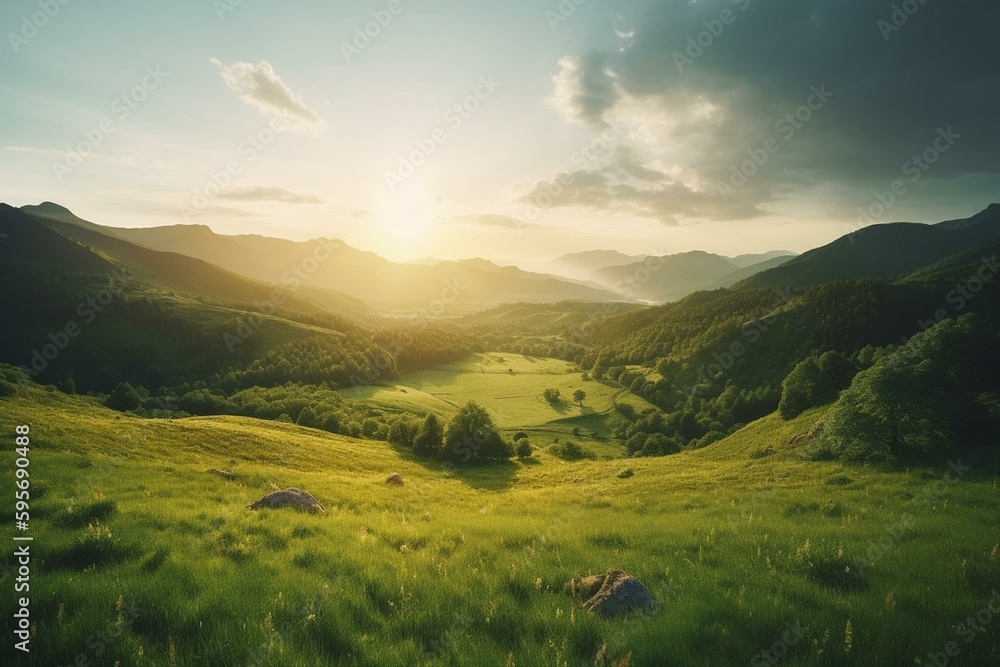 A stunning artwork featuring rolling green hills and mountains under a beautiful sky. Generative AI