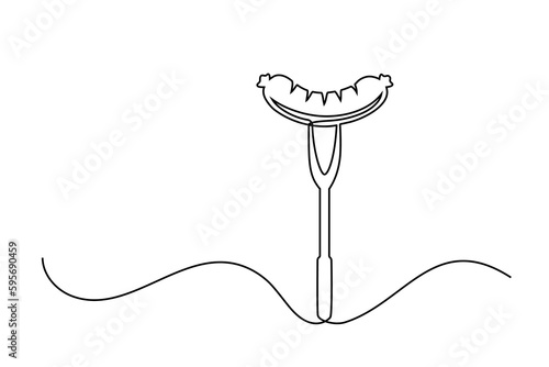Continuous line drawing bbq fork and sausage isolated on white background. BBQ concept. Vector illustration