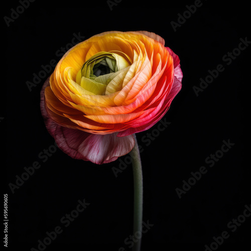 one solo orange flower ranunculus on a black background, for florists, greenhouse, shop, garden, home , beautiful, detailed, botanical