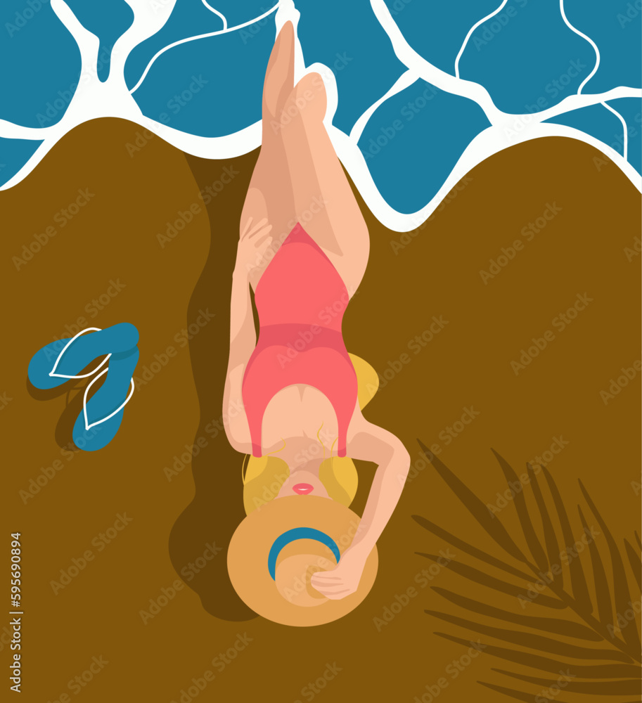A blond beautiful girl relaxing and sunbathing on beach with hat and flip flops at sea illustration