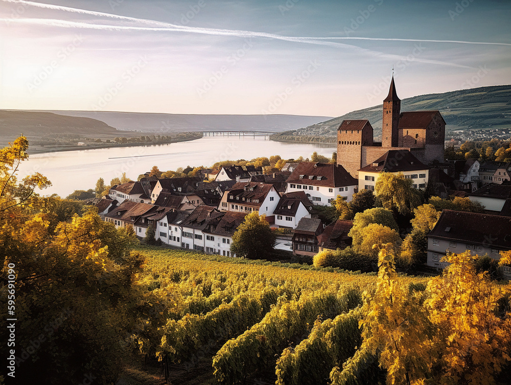 A Typical Village in the Rhine Valley, Germany with Vineyards - generative ai