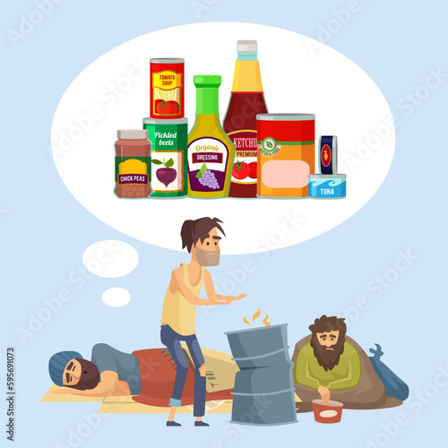 Homeless people. poor persons have mind about foods. Vector concept illustration