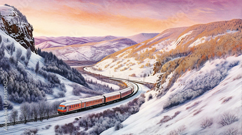 Trans-Siberian Railway Snaking Through Snowy Valley with Pink and Orange Sky - generative ai